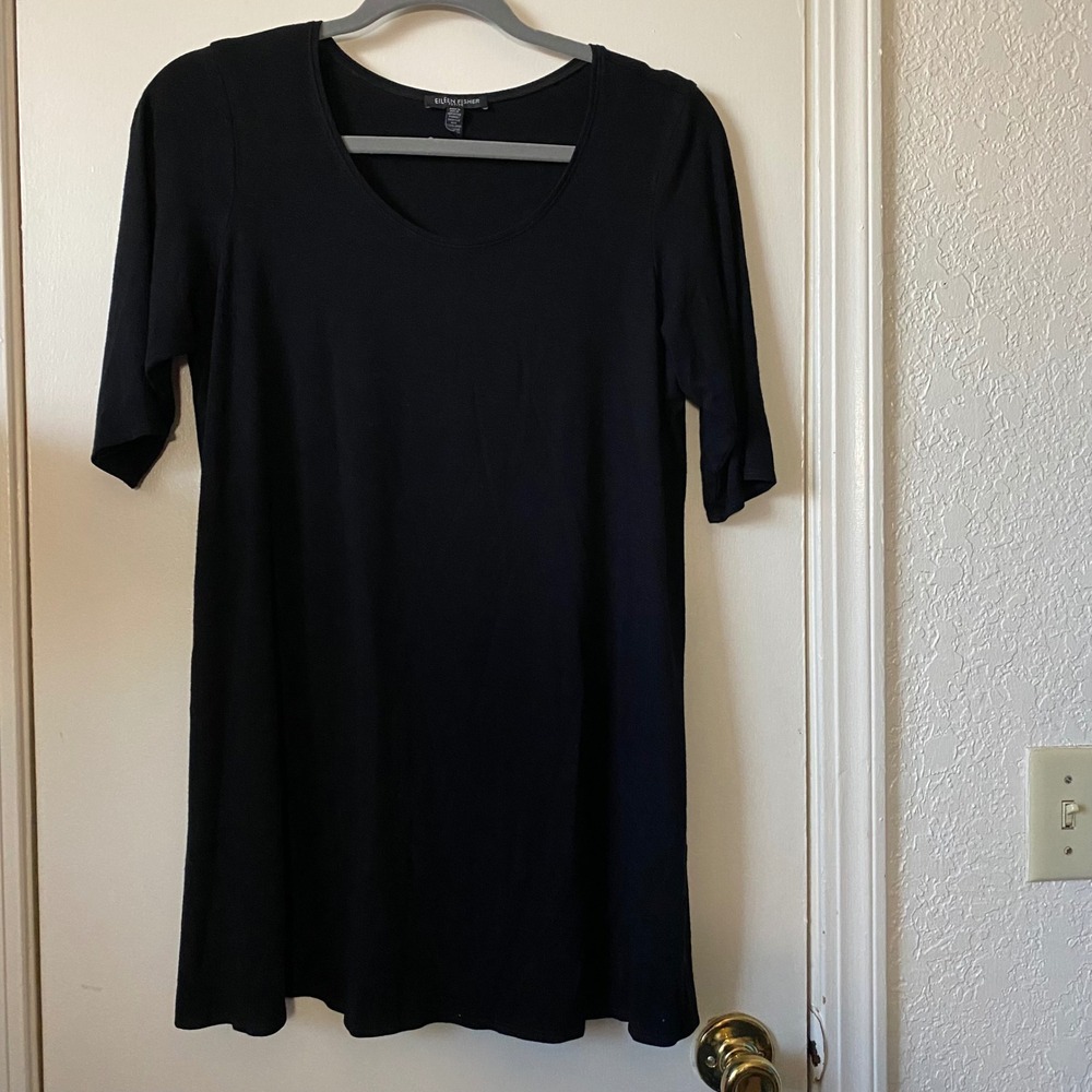 Eileen Fisher‎ Petite Black tunic Scoop Neck Elbow Sleeve Minimalist